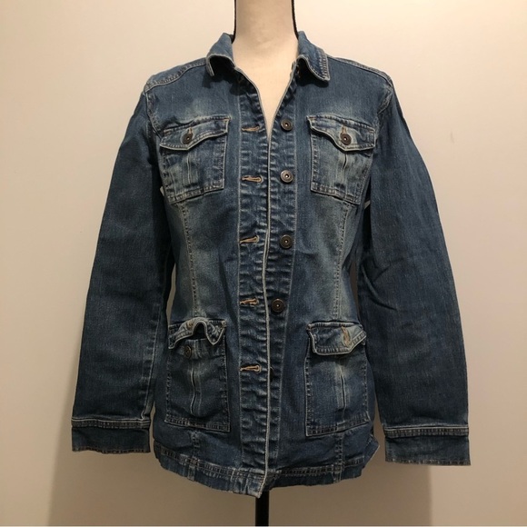 Contrast BLUE jean jacket long  button front SZ M vintage EUC pockets - Picture 1 of 7
